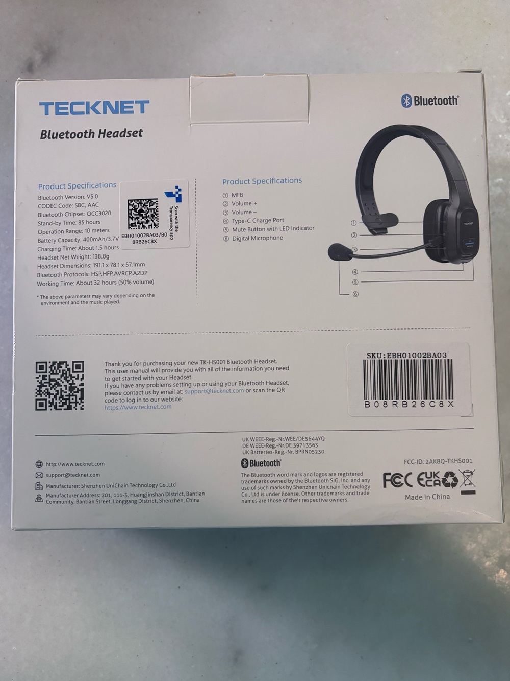 TECKNET Bluetooth Headset in Black NWT - Picture 3 of 3